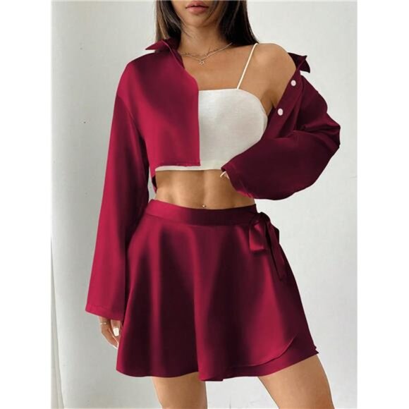 2pcs Women 1-Button Satin Blouse & Mini Skirt Set, Autumn - Picture 4 of 7